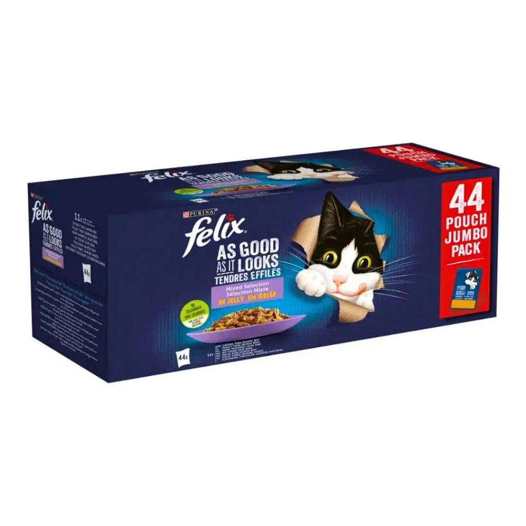 Purina Felix Ghooptonerie Multipack 44x85g Alimento umido per gatti adulti al gusto di pollo, salmone, tonno e manzo, senza aromi artificiali.