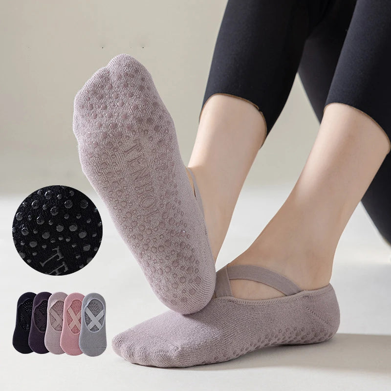 3/5 paia di calzini da yoga a fascia da donna in cotone tinta unita antiscivolo invisibili per pilates, calzini antiscivolo per palestra e sport, calzini in spugna per pavimenti