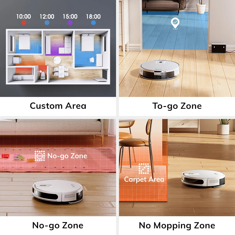 Robot aspirapolvere ILIFE V20, potenza di aspirazione 5000 Pa, navigazione intelligente SOF LiDAR, controllo tramite app, pulizia personalizzabile, ricarica automatica.
