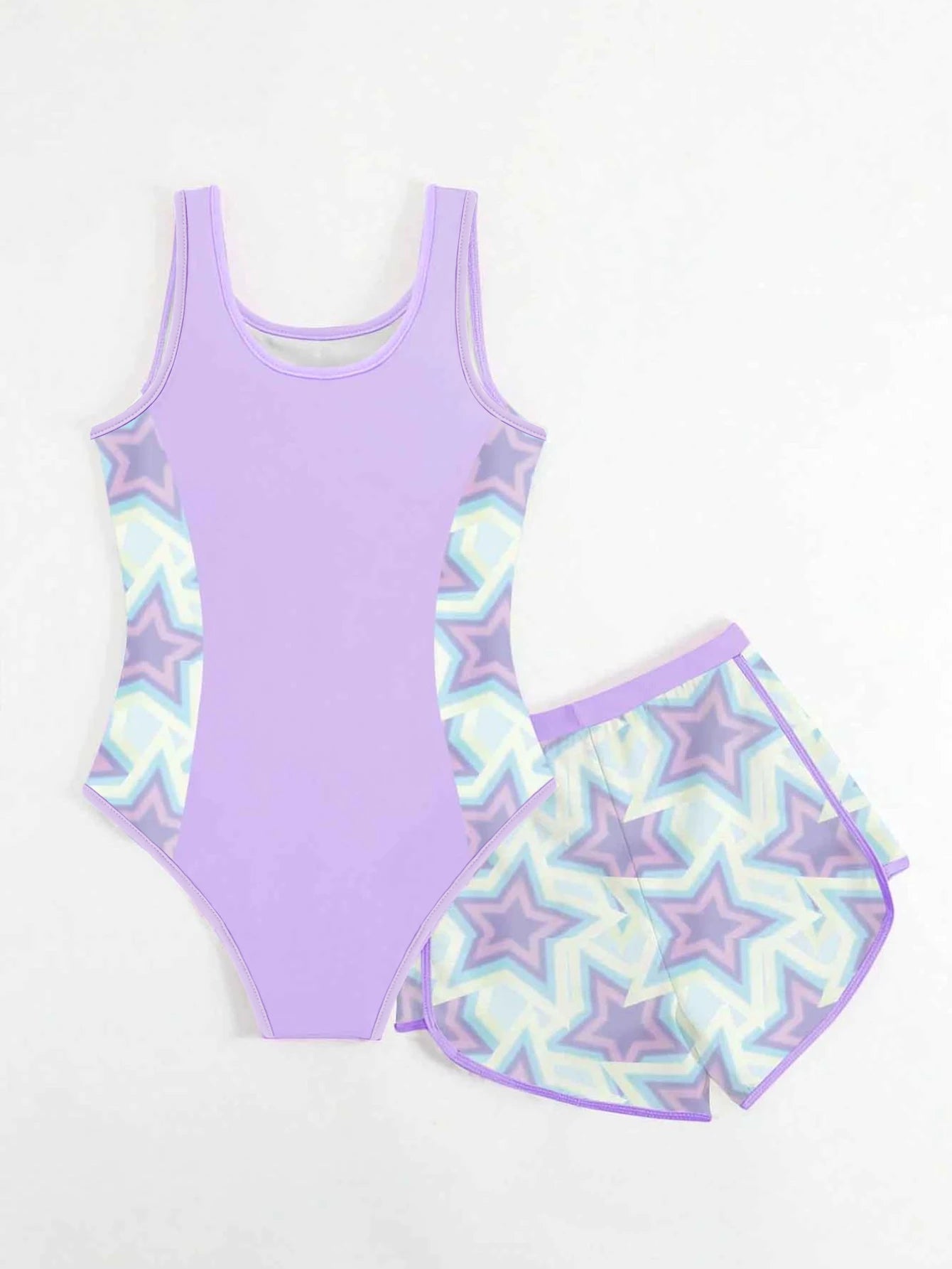 Costume da bagno due pezzi per bambine, rosa e viola con stampa cartoon, taglia 4-12 anni