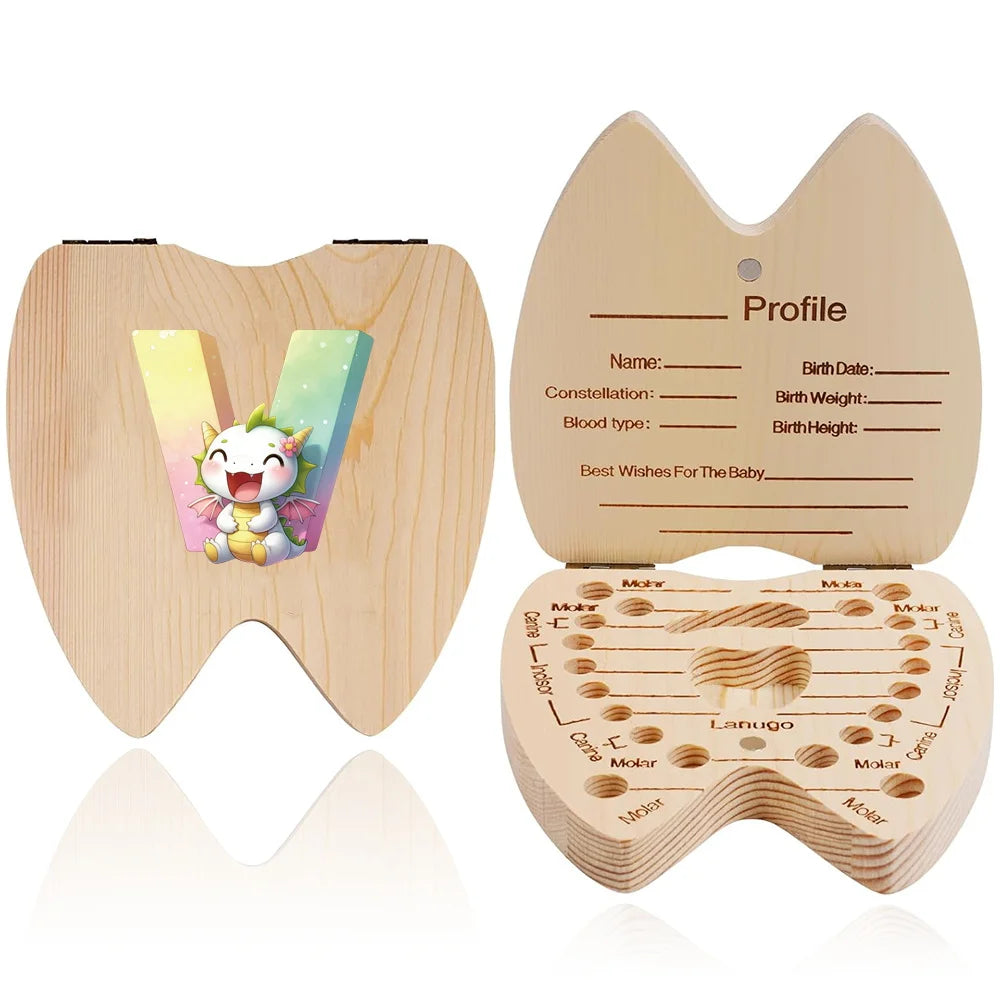 Scatola ricordo per denti da latte in legno – 26 lettere con animali dei cartoni, idea regalo bambini