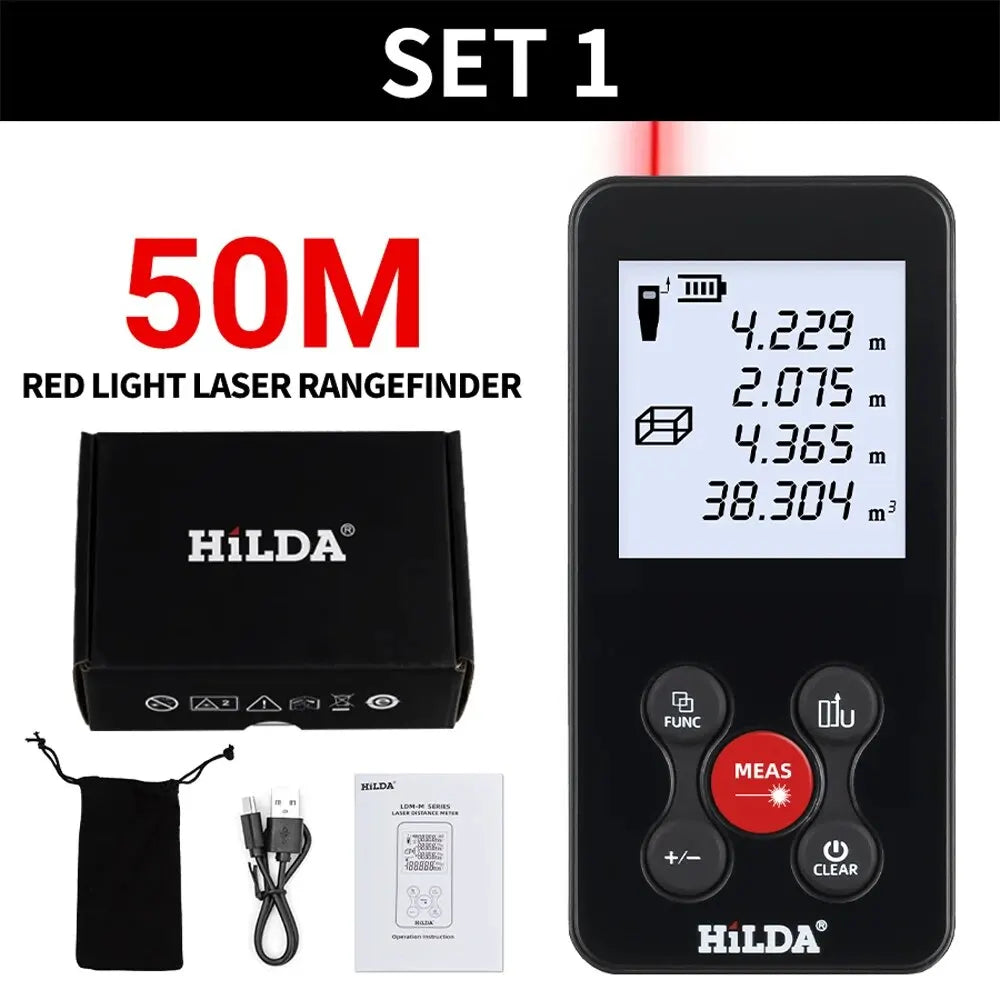 Telemetro laser HILDA 50/100/120M con luce laser rossa/verde, misurazione digitale della distanza, ricaricabile e misurabile, misurazione dell'angolo tramite laser.