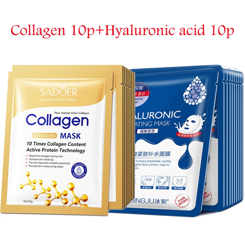 20pcs Hyaluronic Acid Collagen Face Mask skincare Moisturizing Firmi20 maschere viso in tessuto con acido ialuronico e collagene, idratanti, rassodanti e nutrienti, per la cura della pelle in stile coreano.