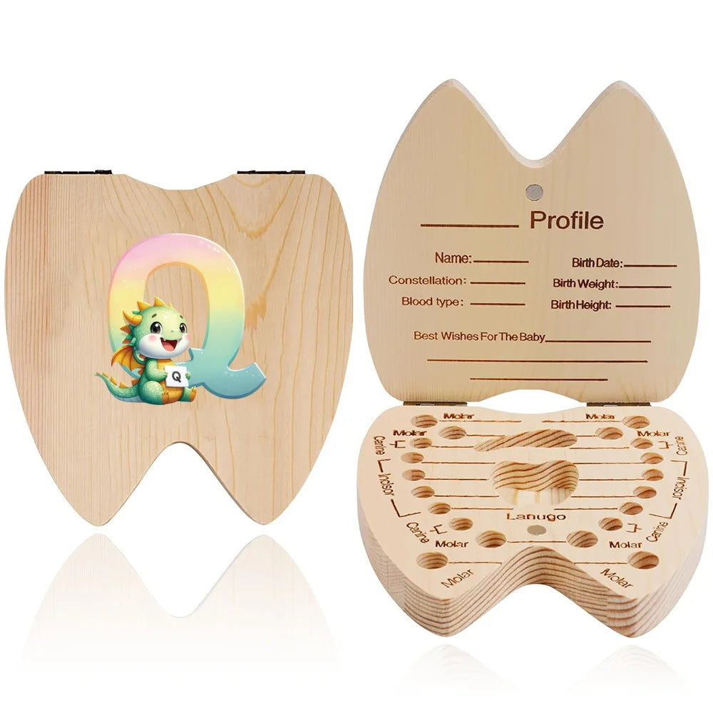 Scatola ricordo per denti da latte in legno – 26 lettere con animali dei cartoni, idea regalo bambini