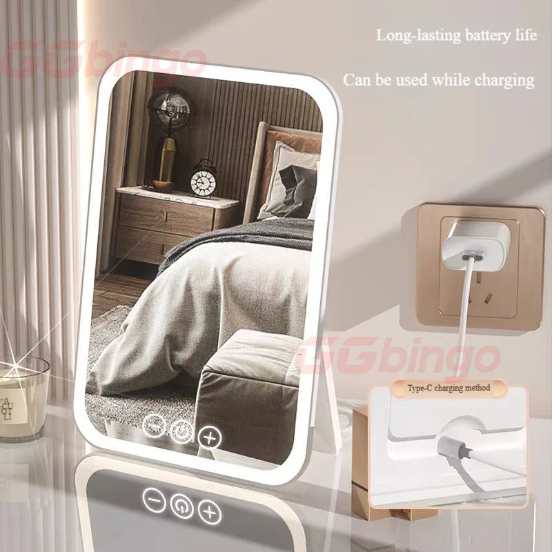 Specchio per il trucco portatile con schermo touch a LED, ricaricabile tramite USB, 3 modalità di illuminazione, pieghevole, ideale per il trucco in viaggio.