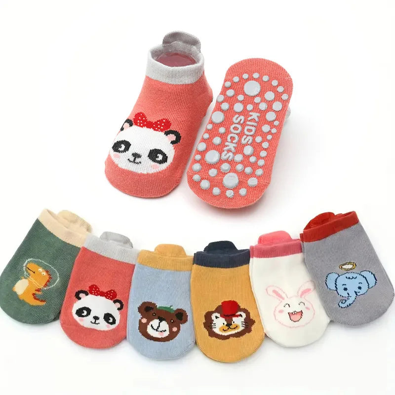 6 paia di calzini per bambini in cotone traspiranti antiscivolo,con simpatici disegni di animali dei cartoni animati.