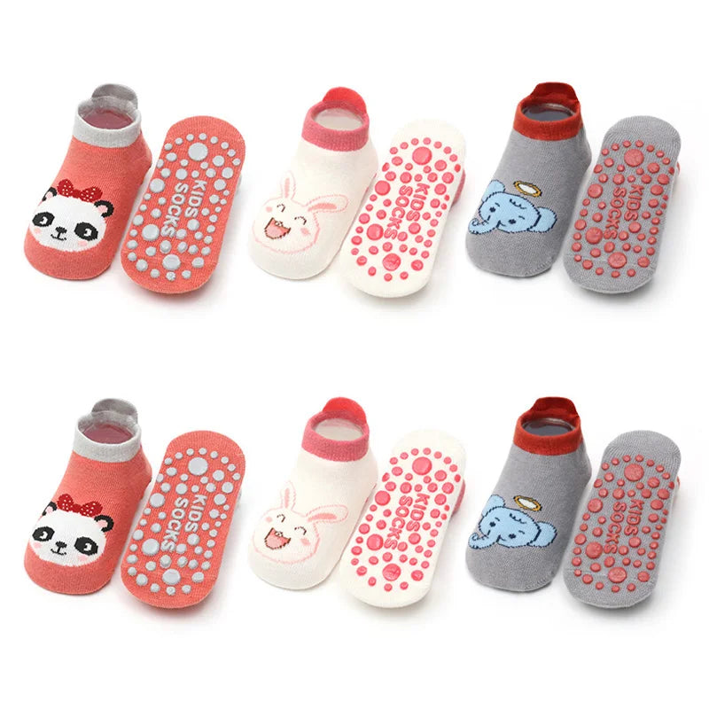 6 paia di calzini per bambini in cotone traspiranti antiscivolo,con simpatici disegni di animali dei cartoni animati.