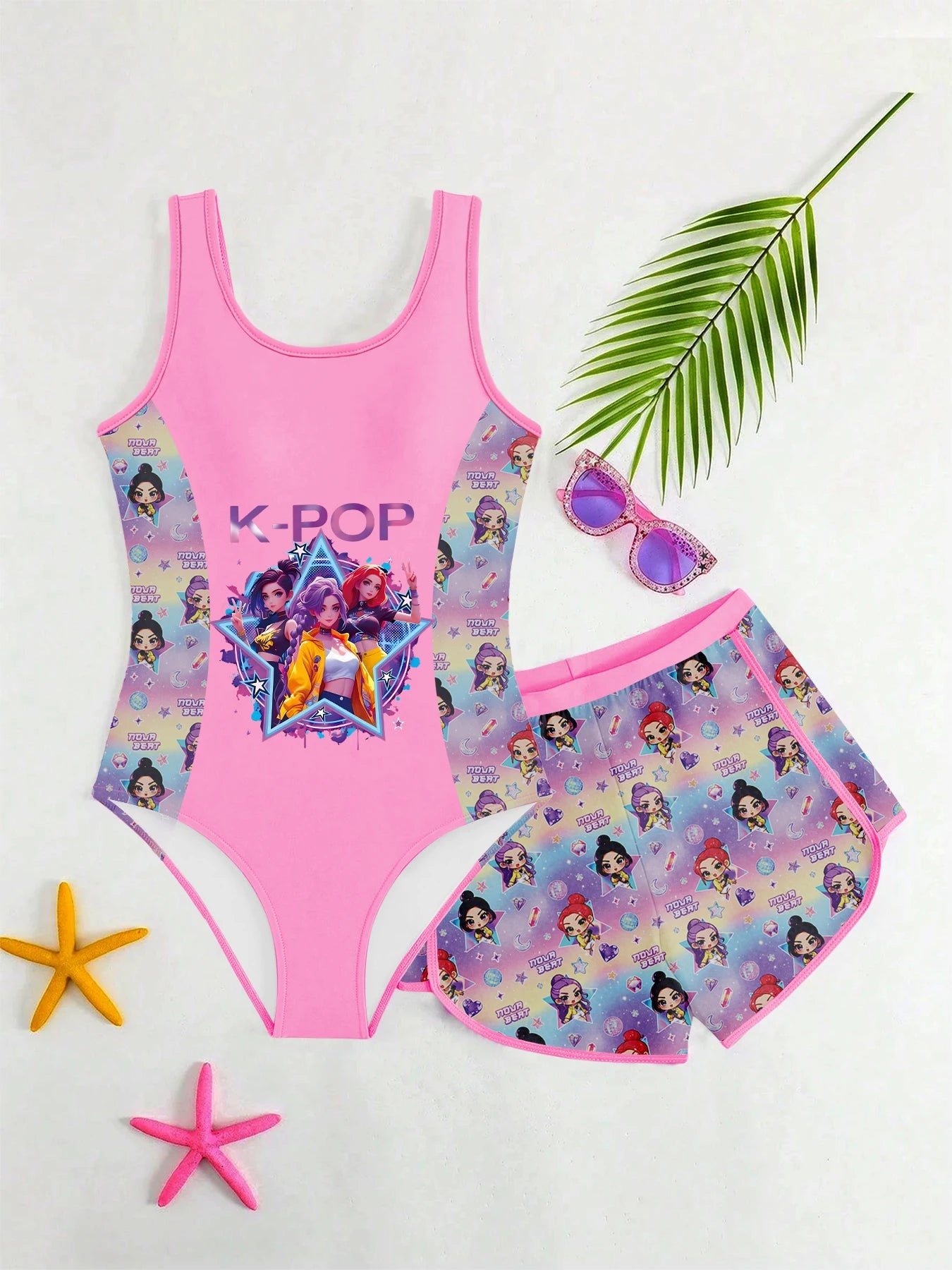 Costume da bagno due pezzi per bambine, rosa e viola con stampa cartoon, taglia 4-12 anni