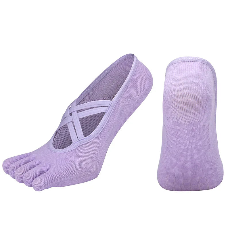 Nuovi calzini antiscivolo da donna per pilates, cinque dita in silicone antiscivolo, calzini da yoga, bendaggio, danza classica, fitness, sport, calzini in cotone da donna