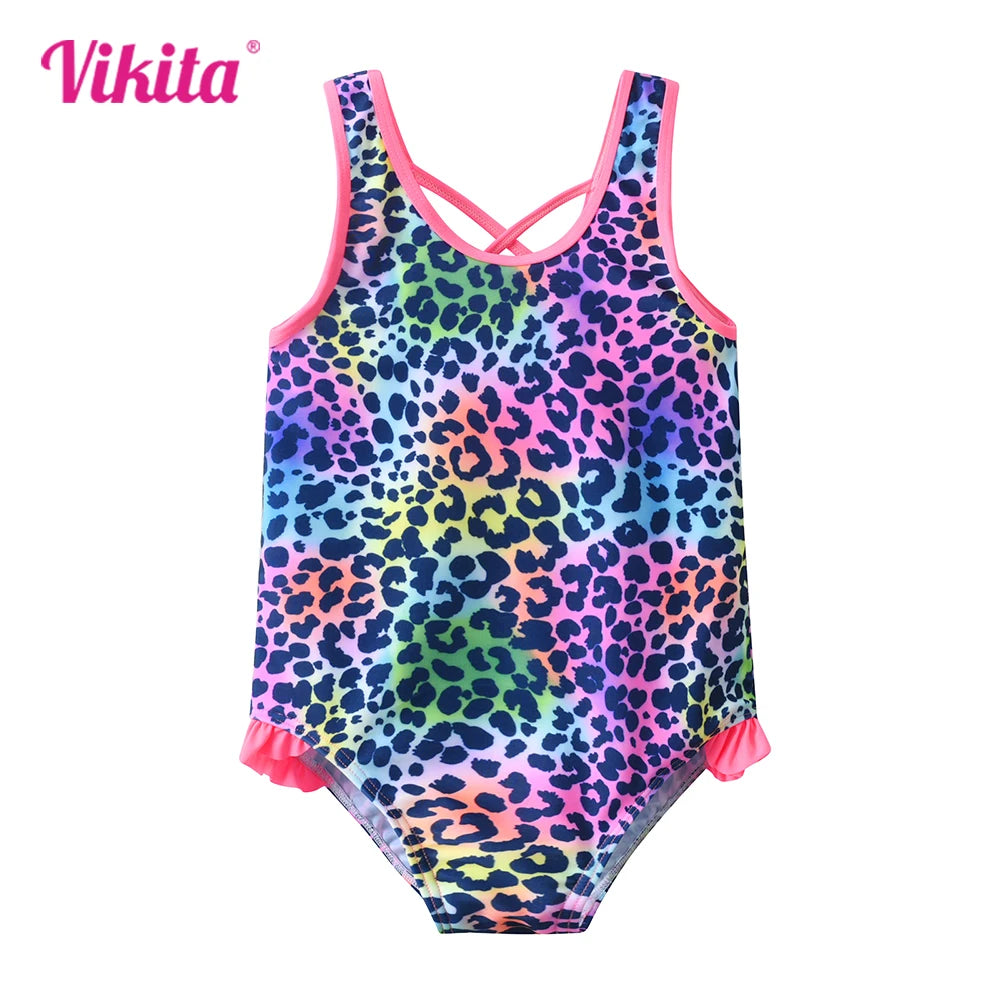 VIKITA Costumi da bagno per bambine, costume intero con stampa leopardata e cartoni animati, abbigliamento da spiaggia estivo colorato per bambini