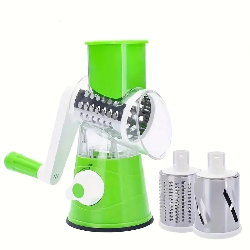 Affettatrice e grattugia da banco per frutta e verdura altamente efficiente e versatile, con design a tamburo per una grattugiatura rapida e uniforme.