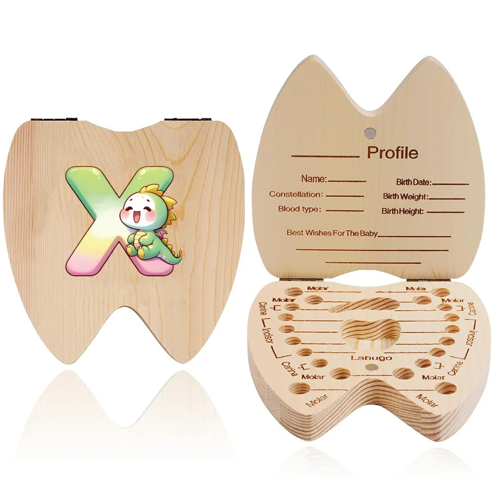 Scatola ricordo per denti da latte in legno – 26 lettere con animali dei cartoni, idea regalo bambini