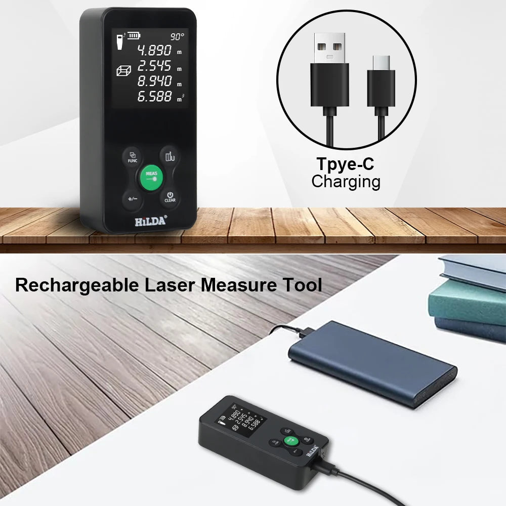 Telemetro laser HILDA 50/100/120M con luce laser rossa/verde, misurazione digitale della distanza, ricaricabile e misurabile, misurazione dell'angolo tramite laser.