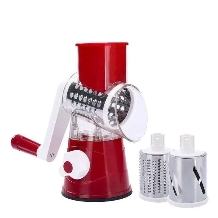 Affettatrice e grattugia da banco per frutta e verdura altamente efficiente e versatile, con design a tamburo per una grattugiatura rapida e uniforme.
