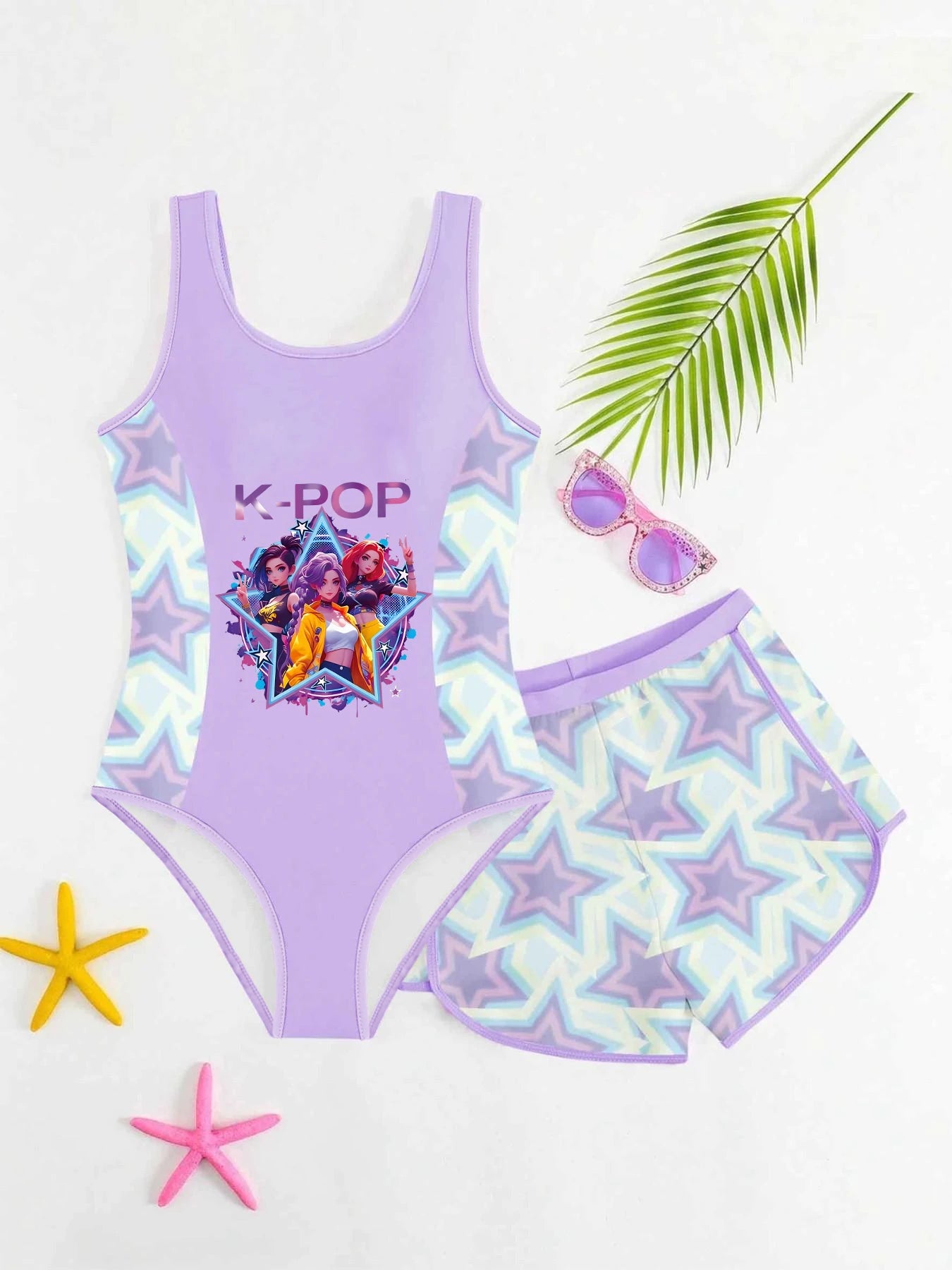 Costume da bagno due pezzi per bambine, rosa e viola con stampa cartoon, taglia 4-12 anni