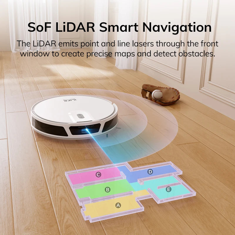 Robot aspirapolvere ILIFE V20, potenza di aspirazione 5000 Pa, navigazione intelligente SOF LiDAR, controllo tramite app, pulizia personalizzabile, ricarica automatica.