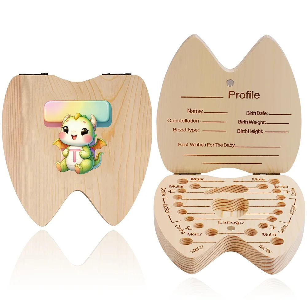 Scatola ricordo per denti da latte in legno – 26 lettere con animali dei cartoni, idea regalo bambini