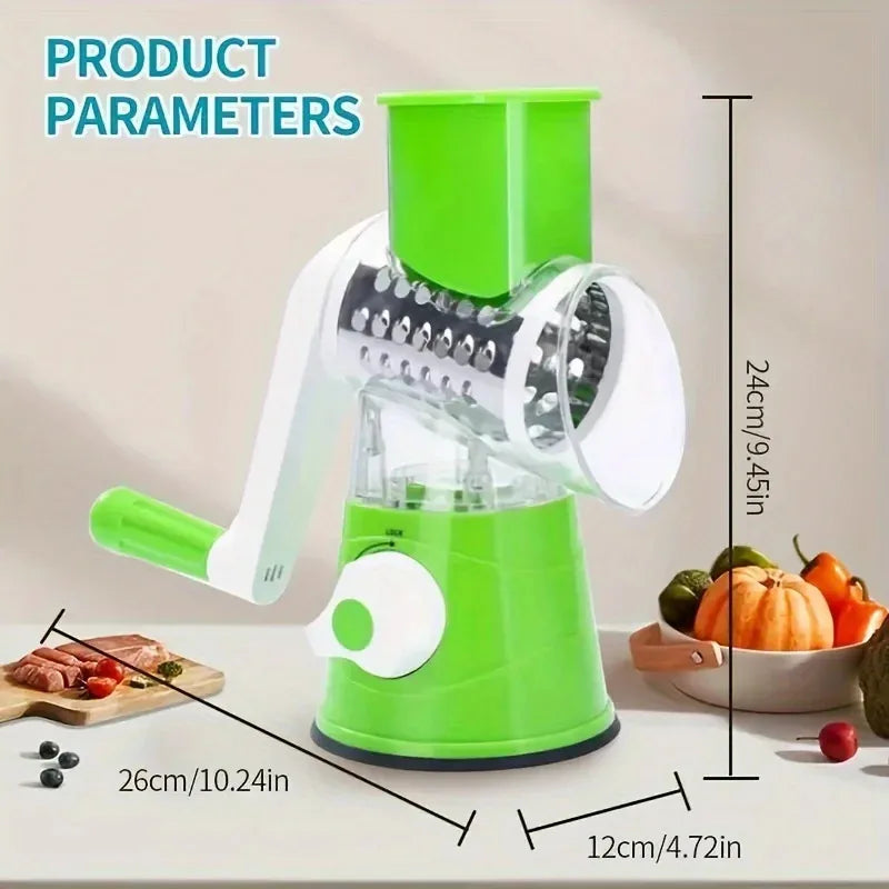 Affettatrice e grattugia da banco per frutta e verdura altamente efficiente e versatile, con design a tamburo per una grattugiatura rapida e uniforme.