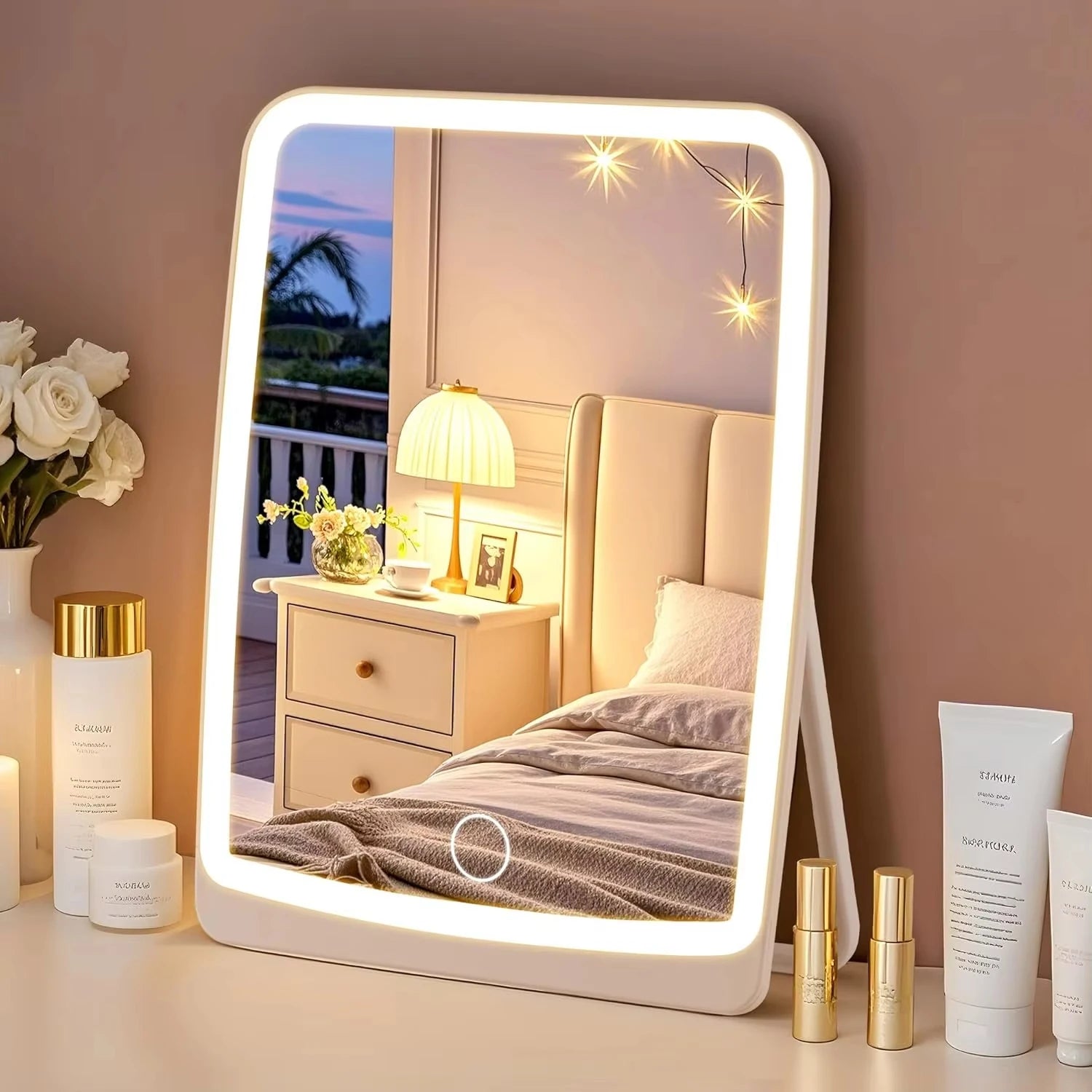 Specchio per il trucco portatile con schermo touch a LED, ricaricabile tramite USB, 3 modalità di illuminazione, pieghevole, ideale per il trucco in viaggio.