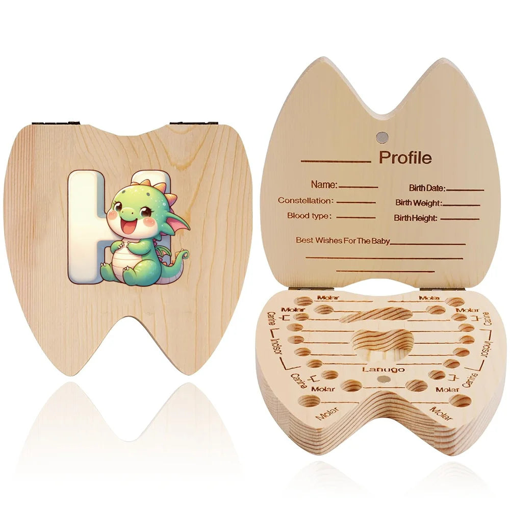 Scatola ricordo per denti da latte in legno – 26 lettere con animali dei cartoni, idea regalo bambini