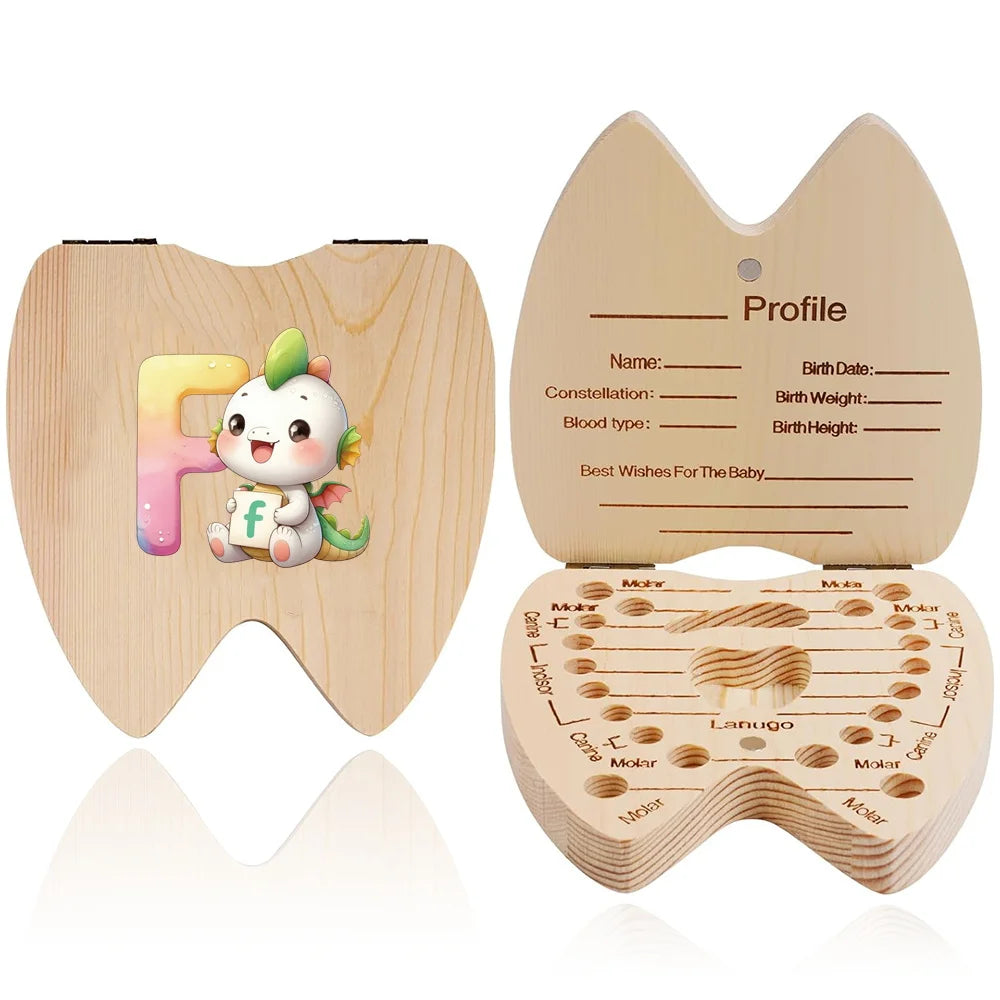 Scatola ricordo per denti da latte in legno – 26 lettere con animali dei cartoni, idea regalo bambini