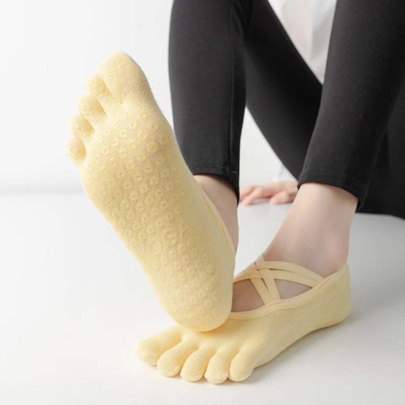 Nuovi calzini antiscivolo da donna per pilates, cinque dita in silicone antiscivolo, calzini da yoga, bendaggio, danza classica, fitness, sport, calzini in cotone da donna