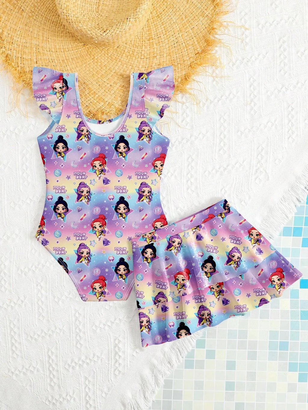 Costume da bagno 2-in-1 per bambine con stampa cartoon e gonna, taglie 4-12 anni