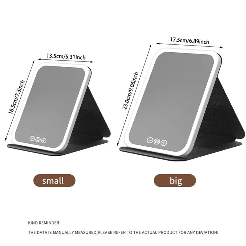 Specchio per il trucco portatile con schermo touch a LED, ricaricabile tramite USB, 3 modalità di illuminazione, pieghevole, ideale per il trucco in viaggio.