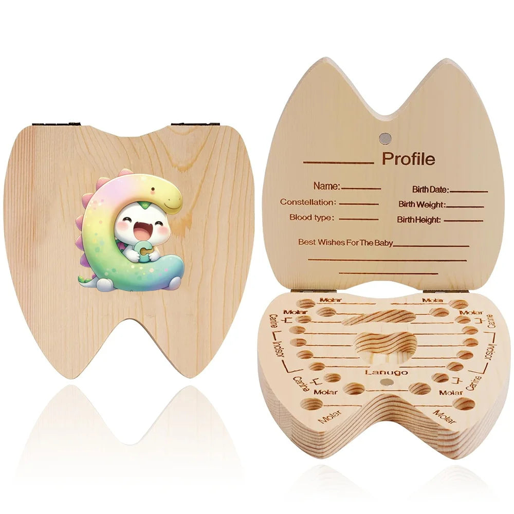 Scatola ricordo per denti da latte in legno – 26 lettere con animali dei cartoni, idea regalo bambini