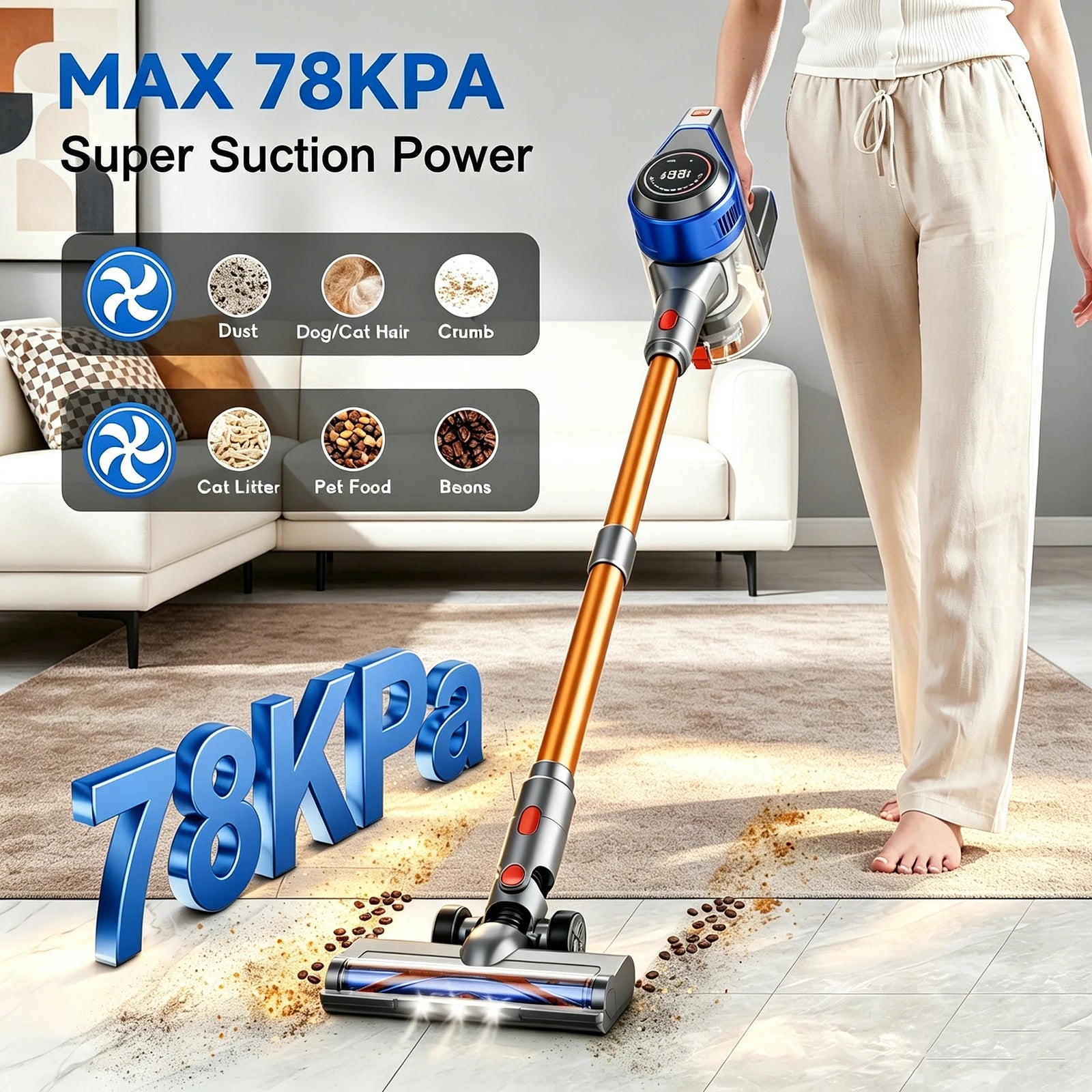 Aspirapolvere senza fili Honki 78KPA con LED, potente aspirazione ad alta potenza, per liquidi e solidi, ideale per peli di animali domestici e tappeti.