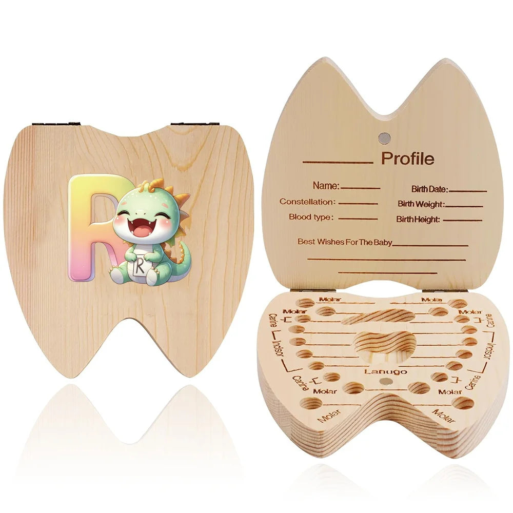 Scatola ricordo per denti da latte in legno – 26 lettere con animali dei cartoni, idea regalo bambini