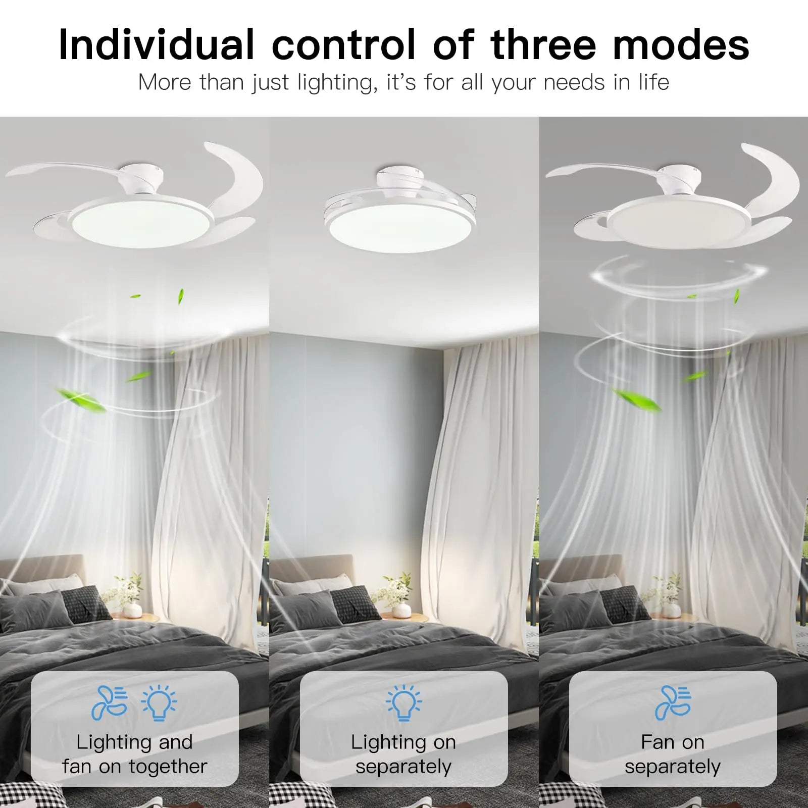 Silent Ceiling Fan Light for Bedroom Decorative Lighting Lamp Air Invisible Blade Retractable Smart Ceiling Fan with Light