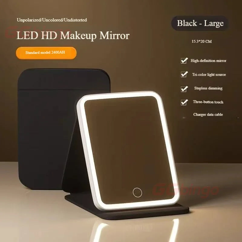 Specchio per il trucco portatile con schermo touch a LED, ricaricabile tramite USB, 3 modalità di illuminazione, pieghevole, ideale per il trucco in viaggio.