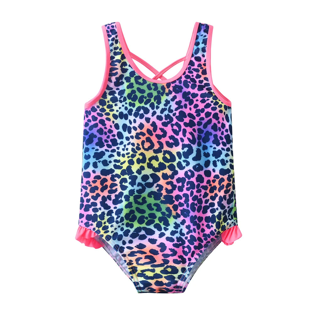 VIKITA Costumi da bagno per bambine, costume intero con stampa leopardata e cartoni animati, abbigliamento da spiaggia estivo colorato per bambini