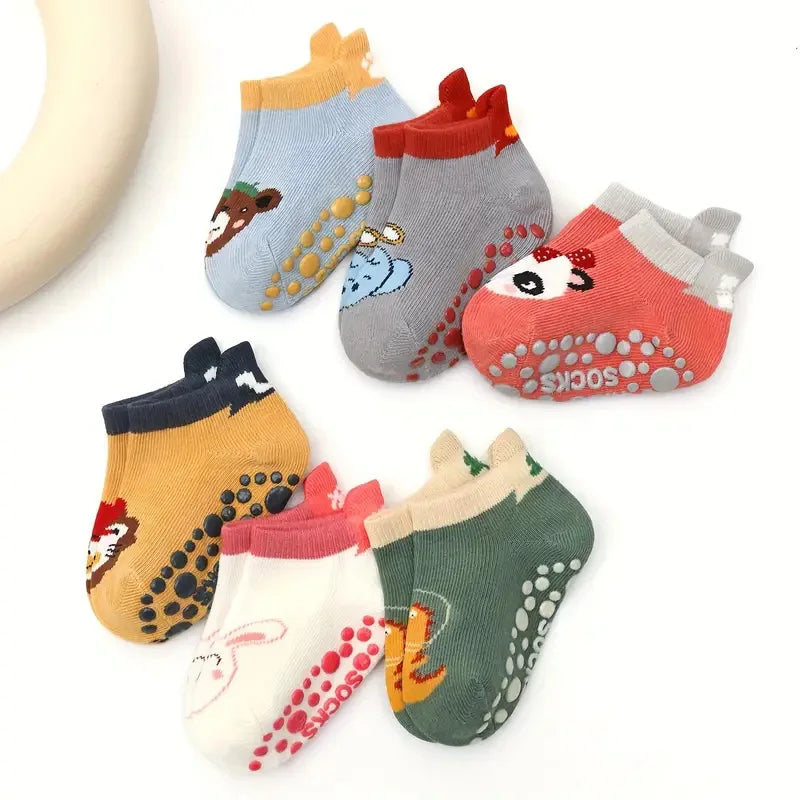 6 paia di calzini per bambini in cotone traspiranti antiscivolo,con simpatici disegni di animali dei cartoni animati.