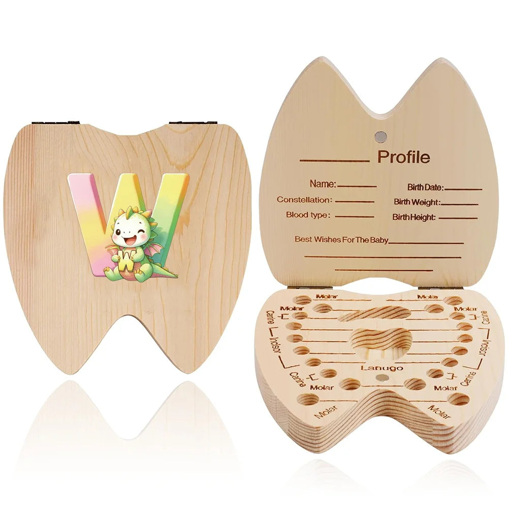 Scatola ricordo per denti da latte in legno – 26 lettere con animali dei cartoni, idea regalo bambini