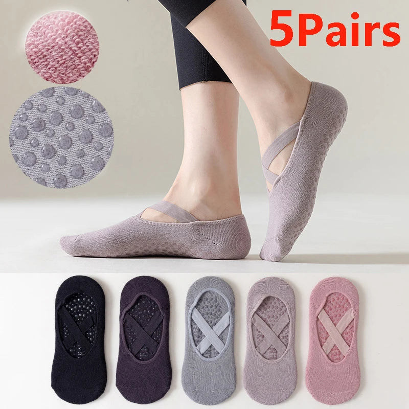 3/5 paia di calzini da yoga a fascia da donna in cotone tinta unita antiscivolo invisibili per pilates, calzini antiscivolo per palestra e sport, calzini in spugna per pavimenti