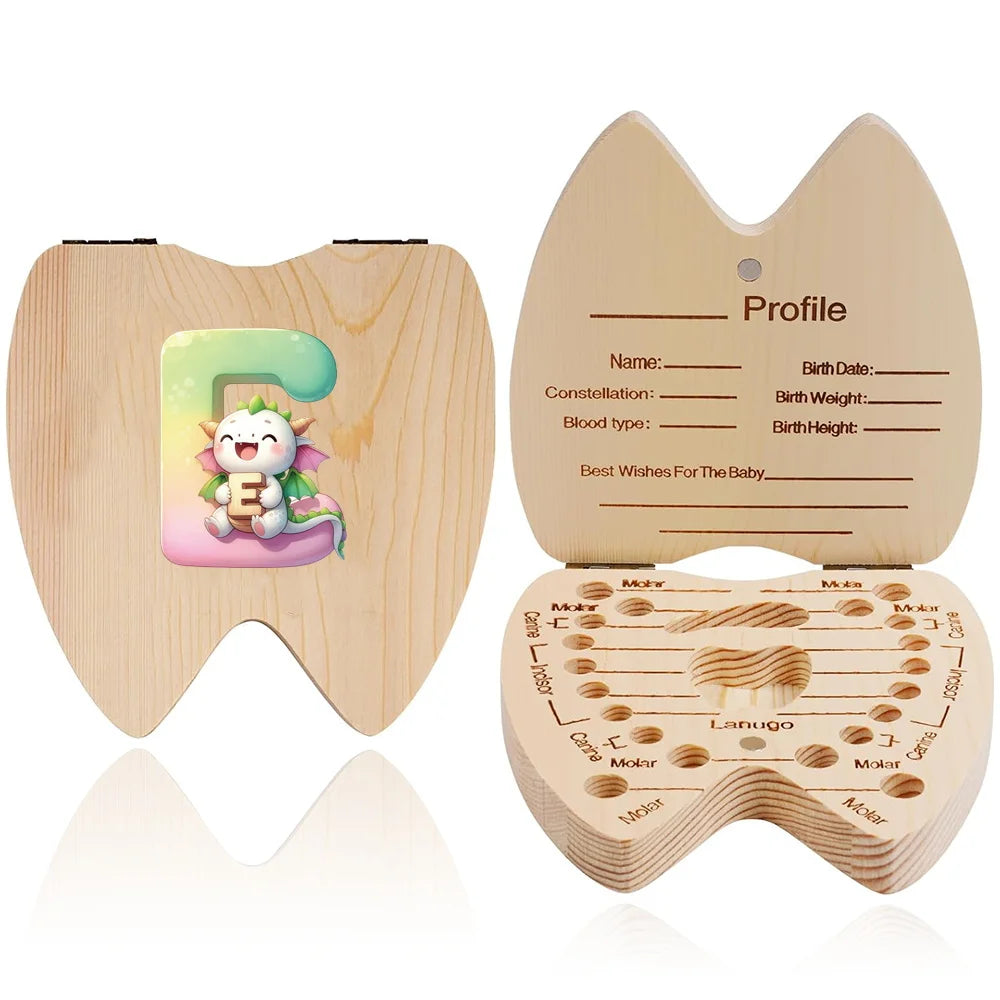 Scatola ricordo per denti da latte in legno – 26 lettere con animali dei cartoni, idea regalo bambini