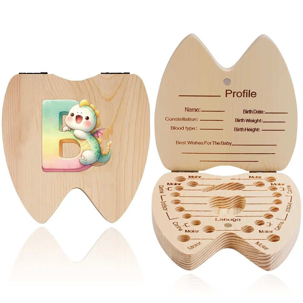 Scatola ricordo per denti da latte in legno – 26 lettere con animali dei cartoni, idea regalo bambini