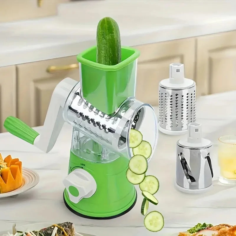 Affettatrice e grattugia da banco per frutta e verdura altamente efficiente e versatile, con design a tamburo per una grattugiatura rapida e uniforme.