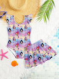 Costume da bagno 2-in-1 per bambine con stampa cartoon e gonna, taglie 4-12 anni