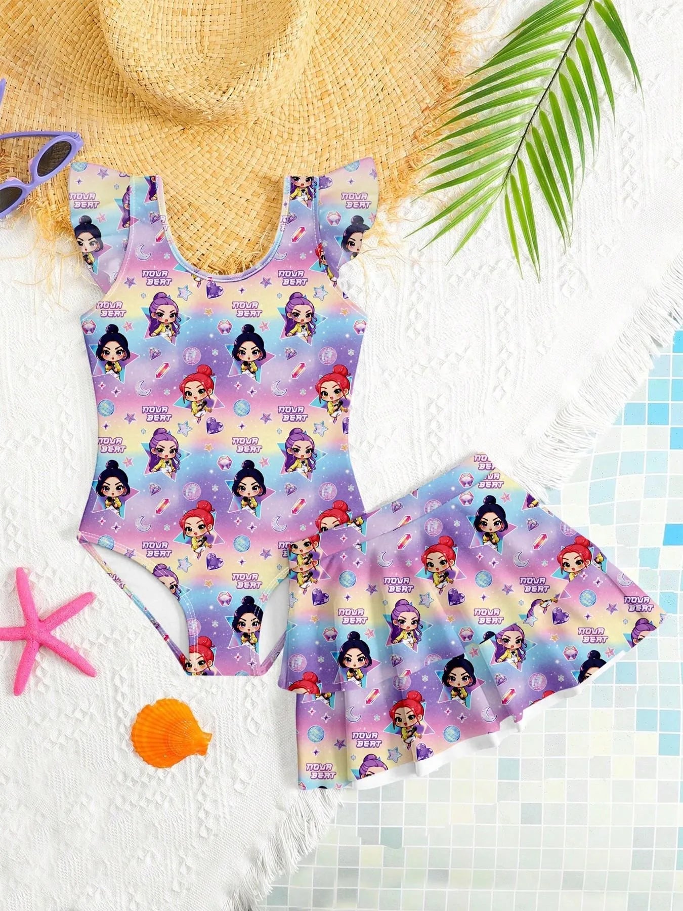 Costume da bagno 2-in-1 per bambine con stampa cartoon e gonna, taglie 4-12 anni