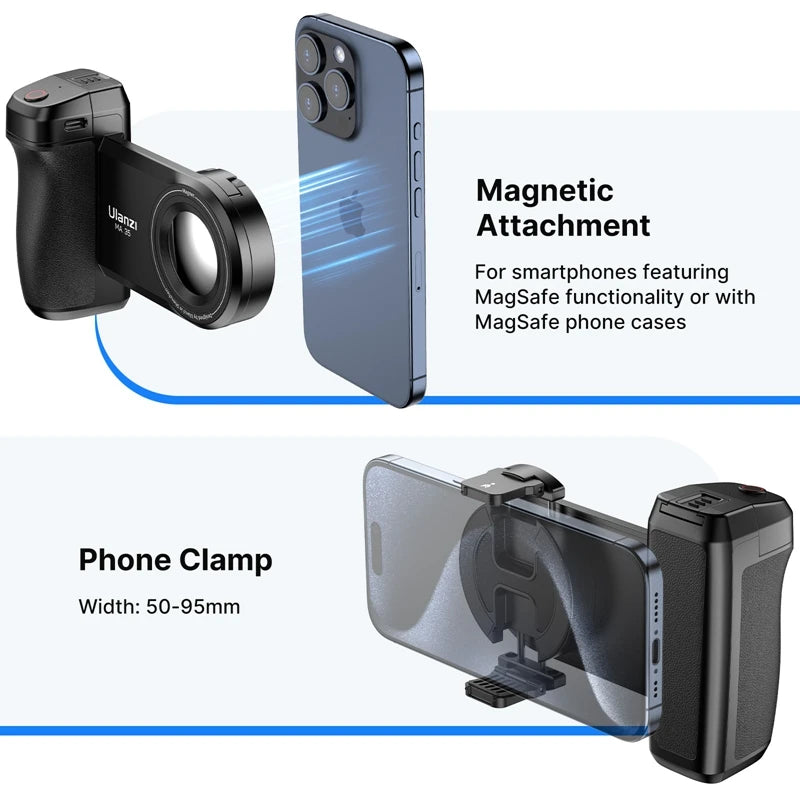 Ulanzi MA35 MagSafe Impugnatura per fotocamera smartphone con Bluetooth, stabilizzatore per selfie, ideale per scatti verticali e orizzontali.