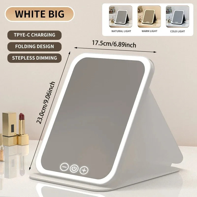 Specchio per il trucco portatile con schermo touch a LED, ricaricabile tramite USB, 3 modalità di illuminazione, pieghevole, ideale per il trucco in viaggio.