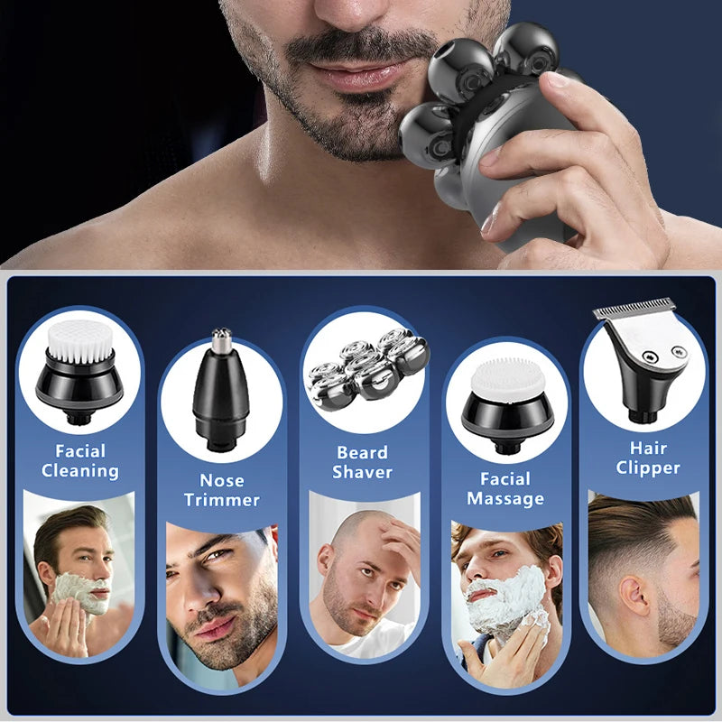 Rasoio elettrico 7D con testina flottante, base di ricarica, rifinitore portatile per barba da uomo, tagliacapelli ricaricabile per testa rasata.