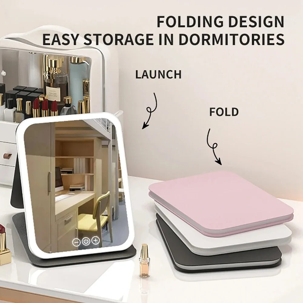 Specchio per il trucco portatile con schermo touch a LED, ricaricabile tramite USB, 3 modalità di illuminazione, pieghevole, ideale per il trucco in viaggio.