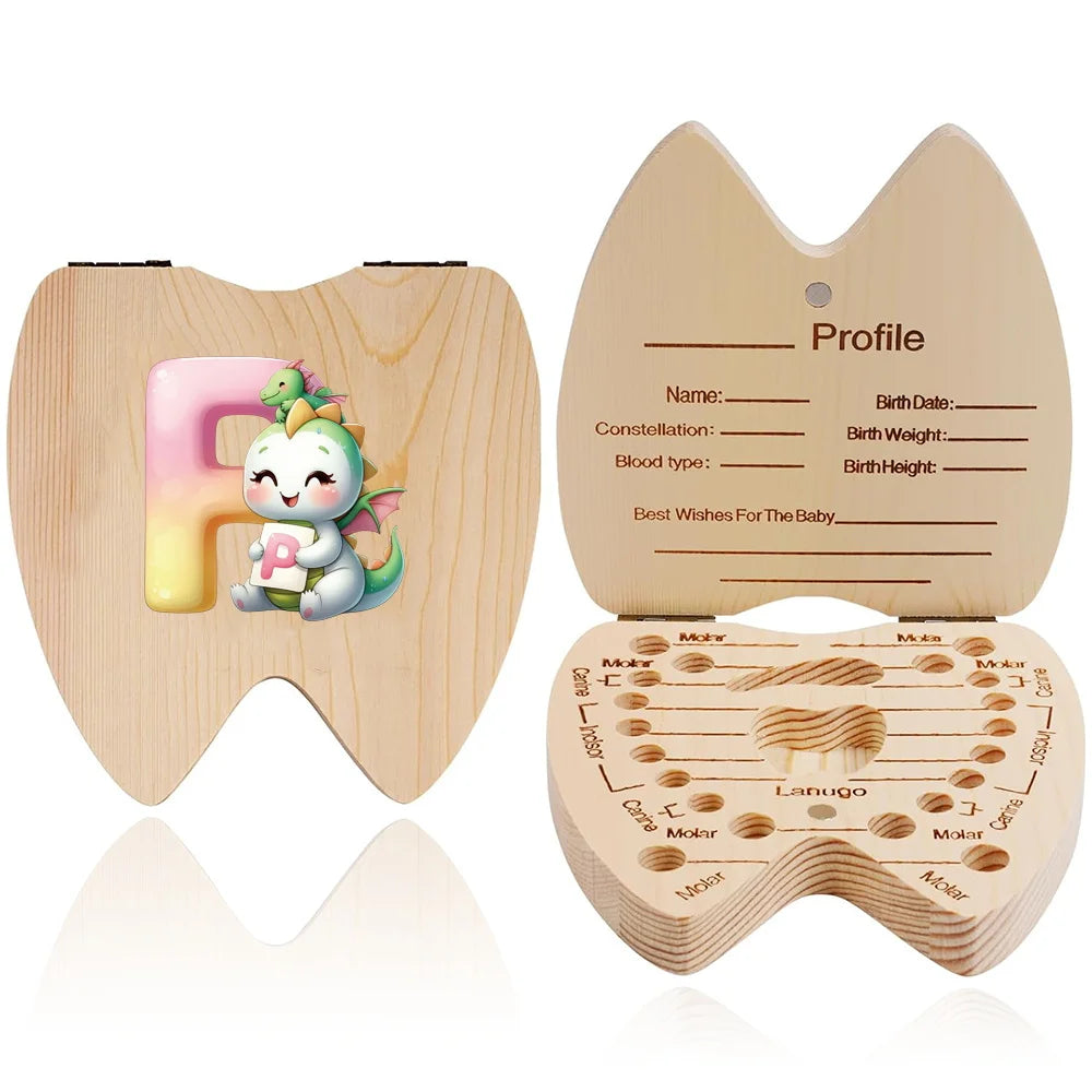 Scatola ricordo per denti da latte in legno – 26 lettere con animali dei cartoni, idea regalo bambini