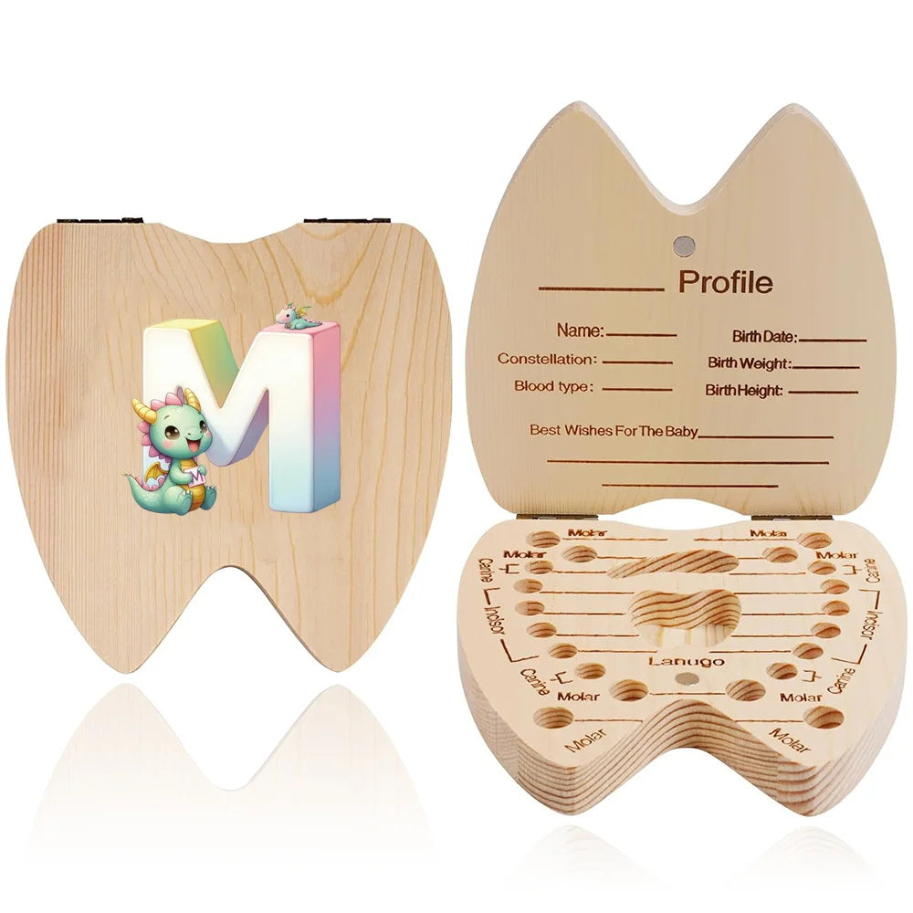 Scatola ricordo per denti da latte in legno – 26 lettere con animali dei cartoni, idea regalo bambini