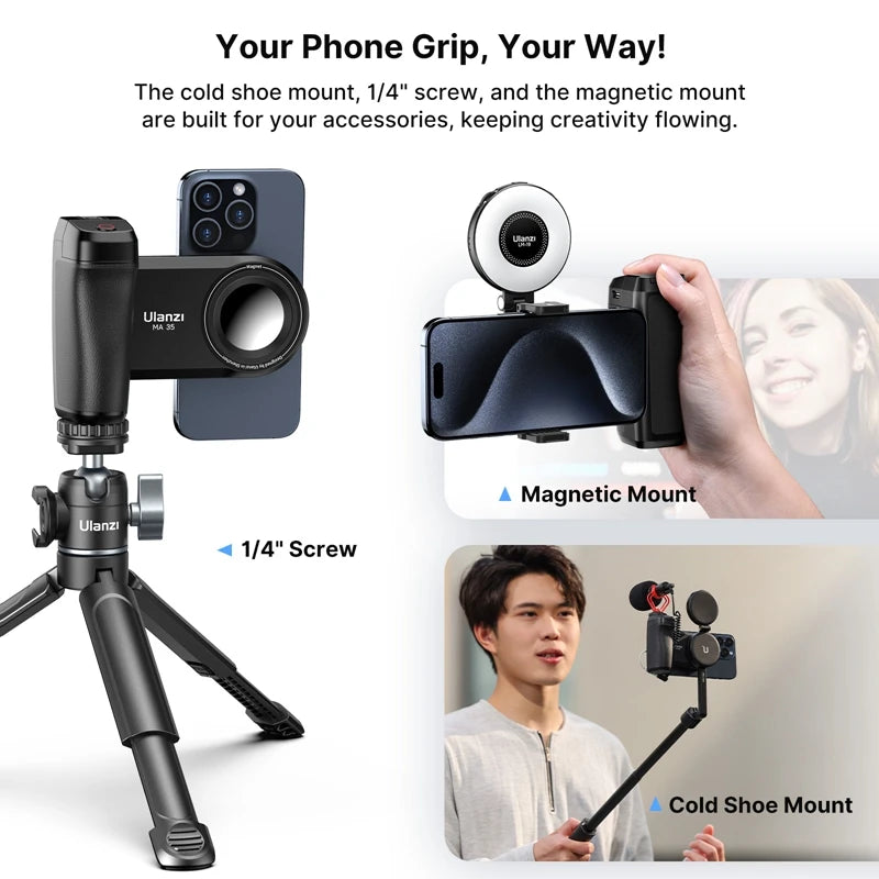 Ulanzi MA35 MagSafe Impugnatura per fotocamera smartphone con Bluetooth, stabilizzatore per selfie, ideale per scatti verticali e orizzontali.