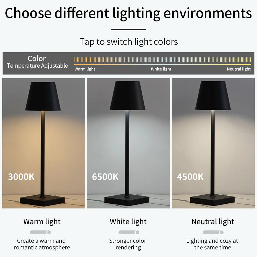 Lampada da tavolo a LED ricaricabile con interruttore touch e 3 livelli di intensità luminosa, ideale per bar, club, cene e come illuminazione d'ambiente creativa e decorativa.